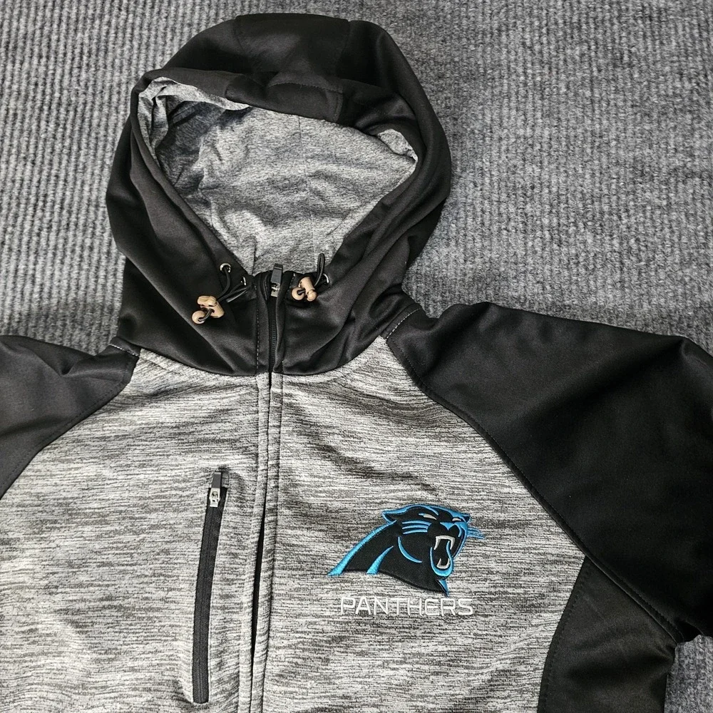 Carolina Panthers Jacket Mens Medium Gray Black NFL Football Full Zip Hooded NFL